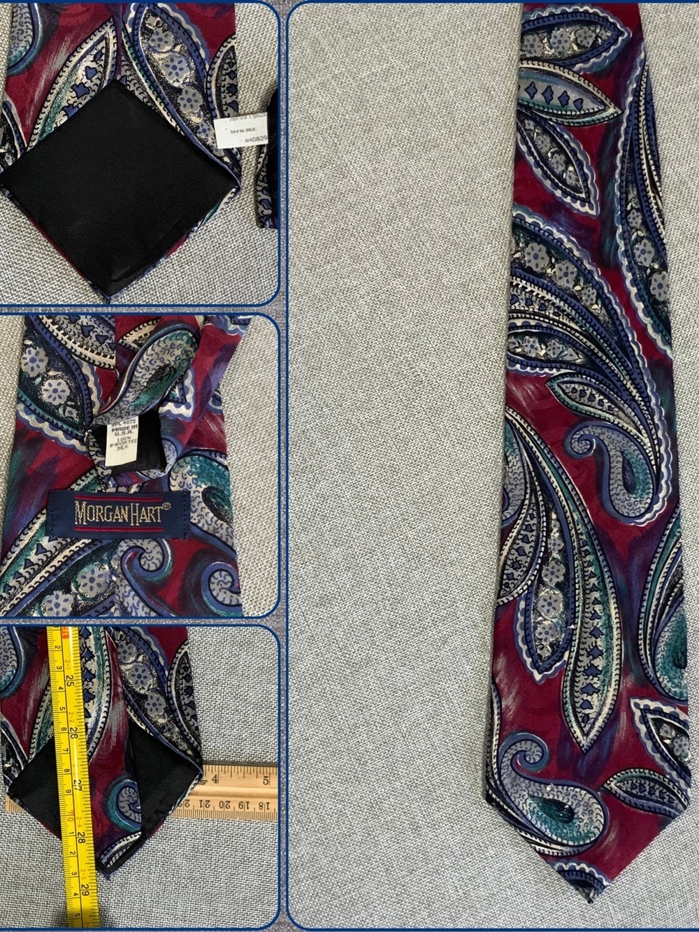 Morgan Hart Silk Paisley Wide Tie Burgundy Blue USA